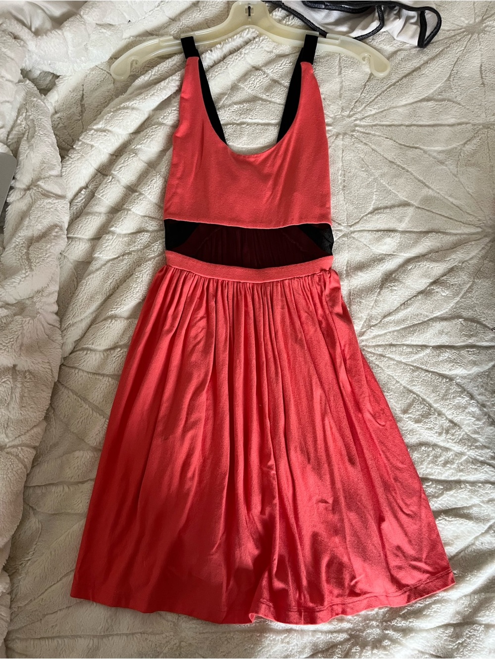 Coral Scoop Neck Midi Dress with Black Accents